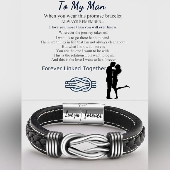 Vintage Other - 🔸️NIB Black "To My Man" Braided Leather Infinity Knot Cuff Bracelet 7.8"